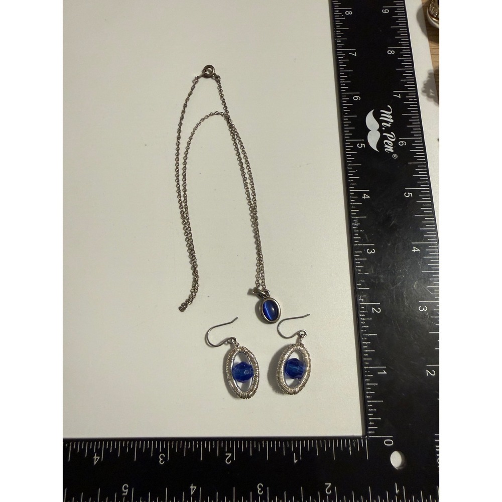 Blue Cats Eye Pendant Necklace and Wire Wrapped Oval Bead Earrings Jewelry Set